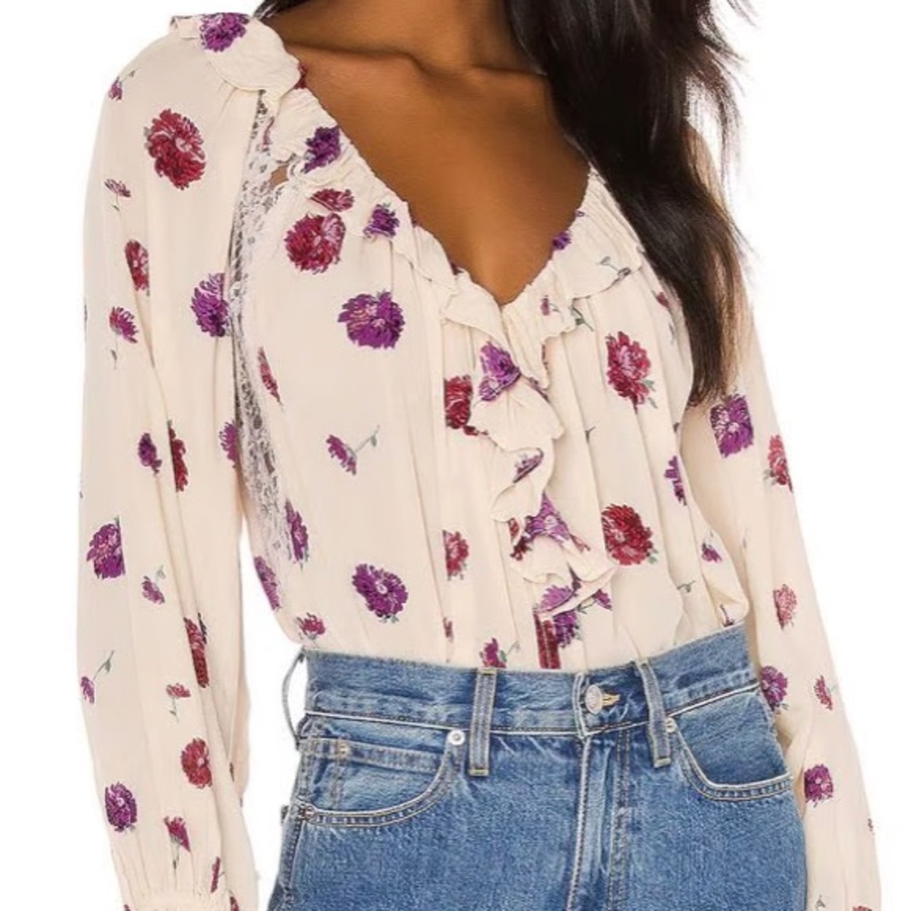 Free People Intimately Cream and Purple Floral Poppy Blouse Bodysuit Large NWT